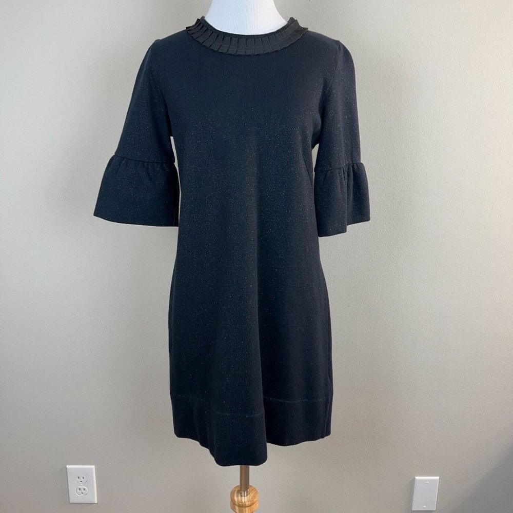 French Connection Mini Dress 6 Navy Black Metallic Shift Bell Elbow Sleeve